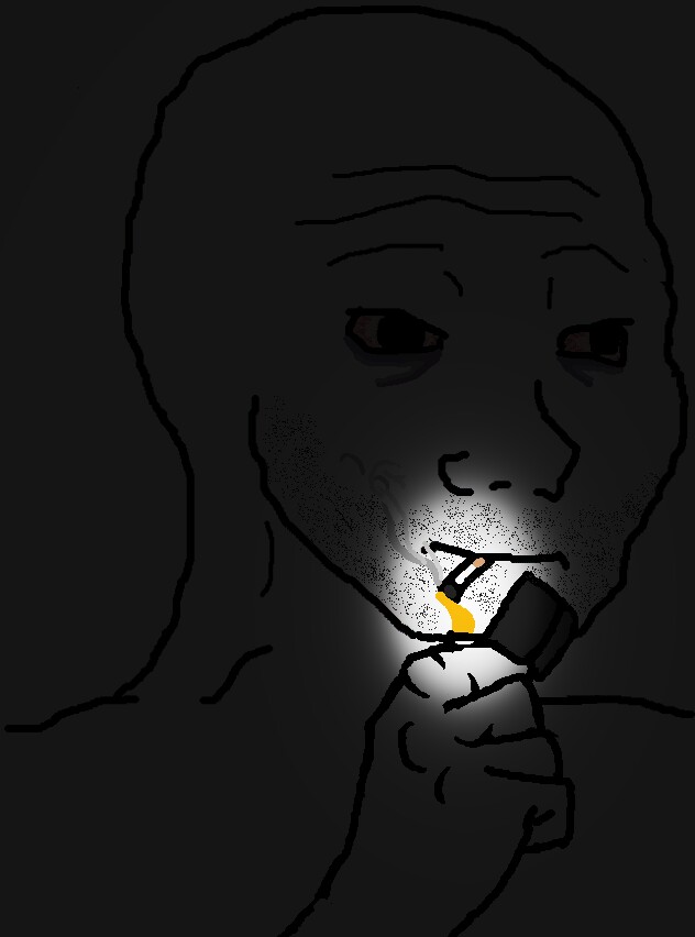 Wojak lights cigarette in dark — Wojak meme