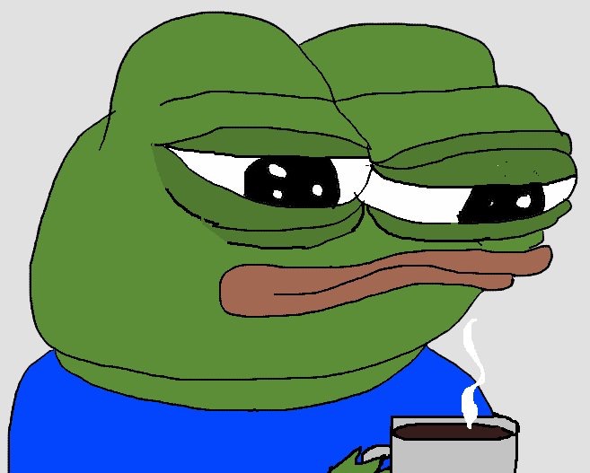 Pepe tired eyes drinking coffee — Pepe meme