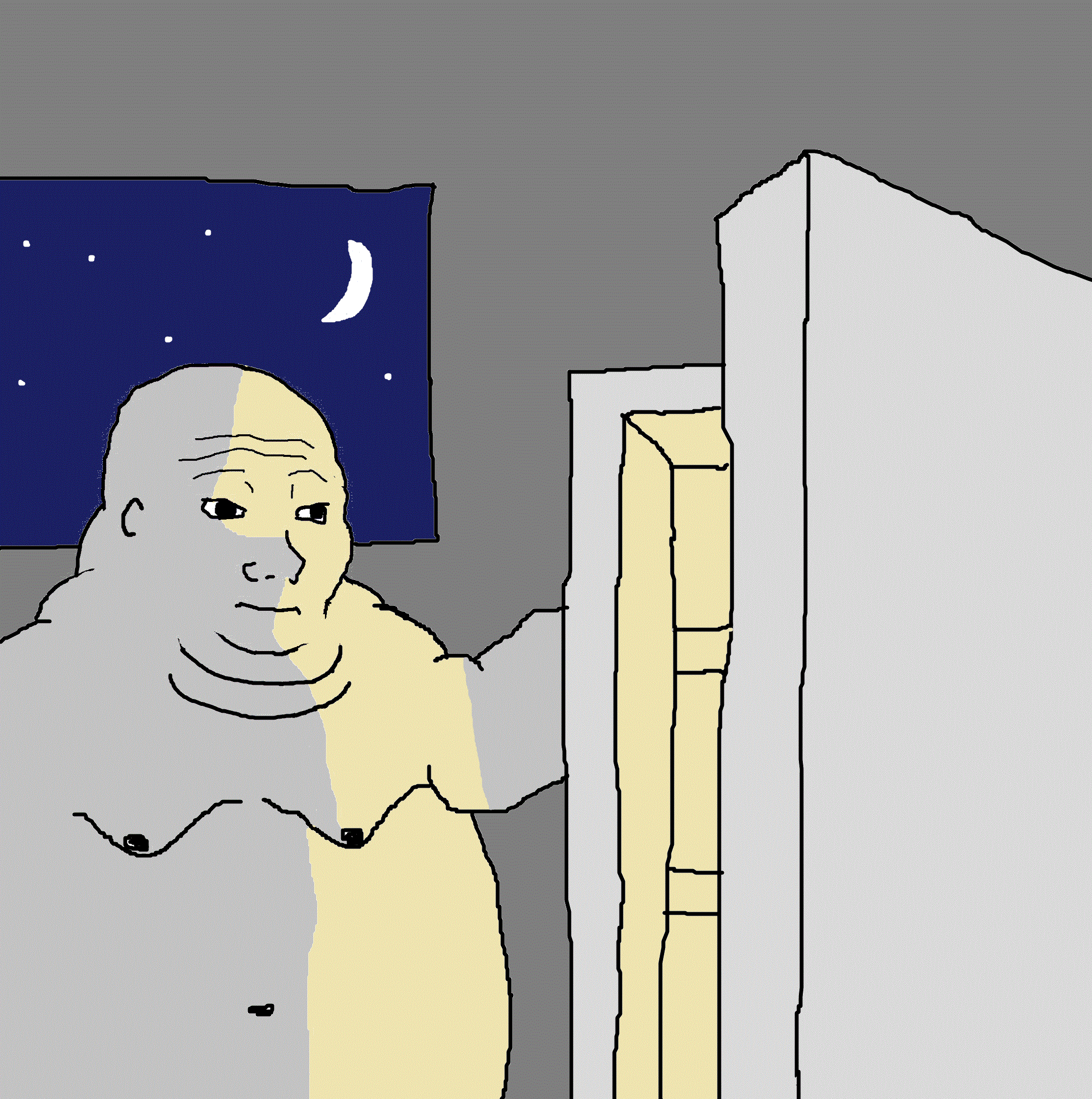 Wojak fat looking in fridge — Wojak meme