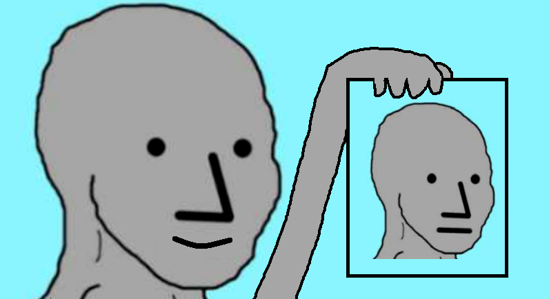 Wojak npc smiling holding npc picture — Wojak meme