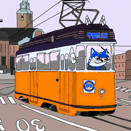 Toshi cat driving tram — $TOSHI meme