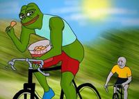 Pepe bicycle outrun crying wojak eating spicy wings — Pepe meme