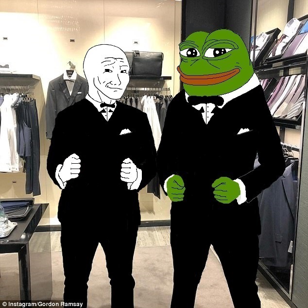 Pepe wojak trying on tuxedos — Pepe meme