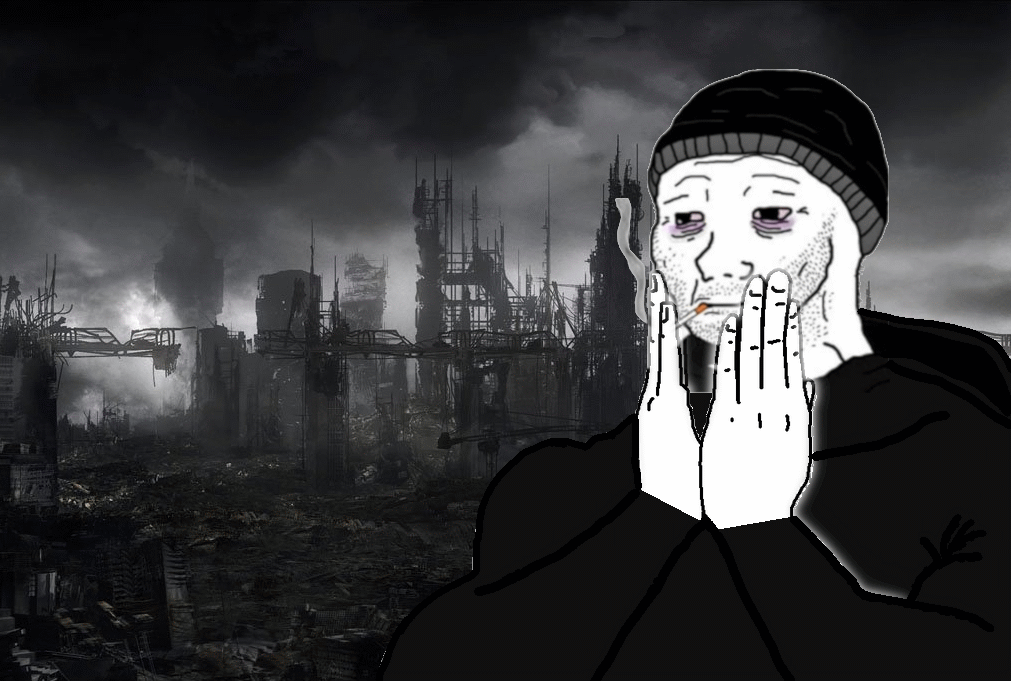 Wojak doomer feels bad man apocalypse city — Wojak meme