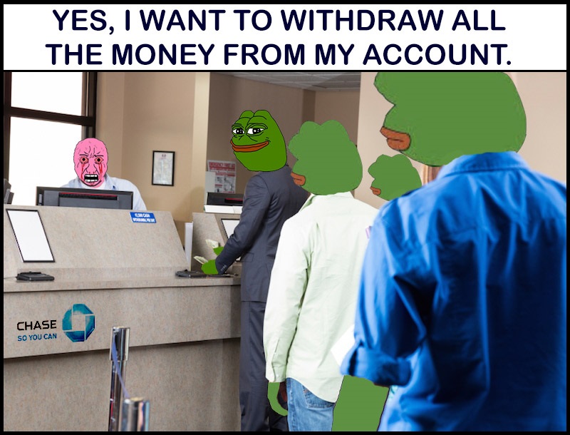 Pepe withdraw money from pink wojak teller — Pepe meme