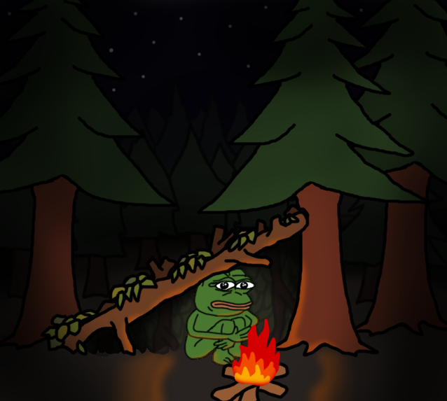 Pepe naked campfire in woods — Pepe meme
