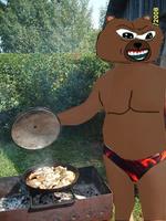 Bobo cooking on grill in swimsuit — Bobo meme