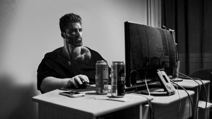 Chad drinking on computer — Reaction meme