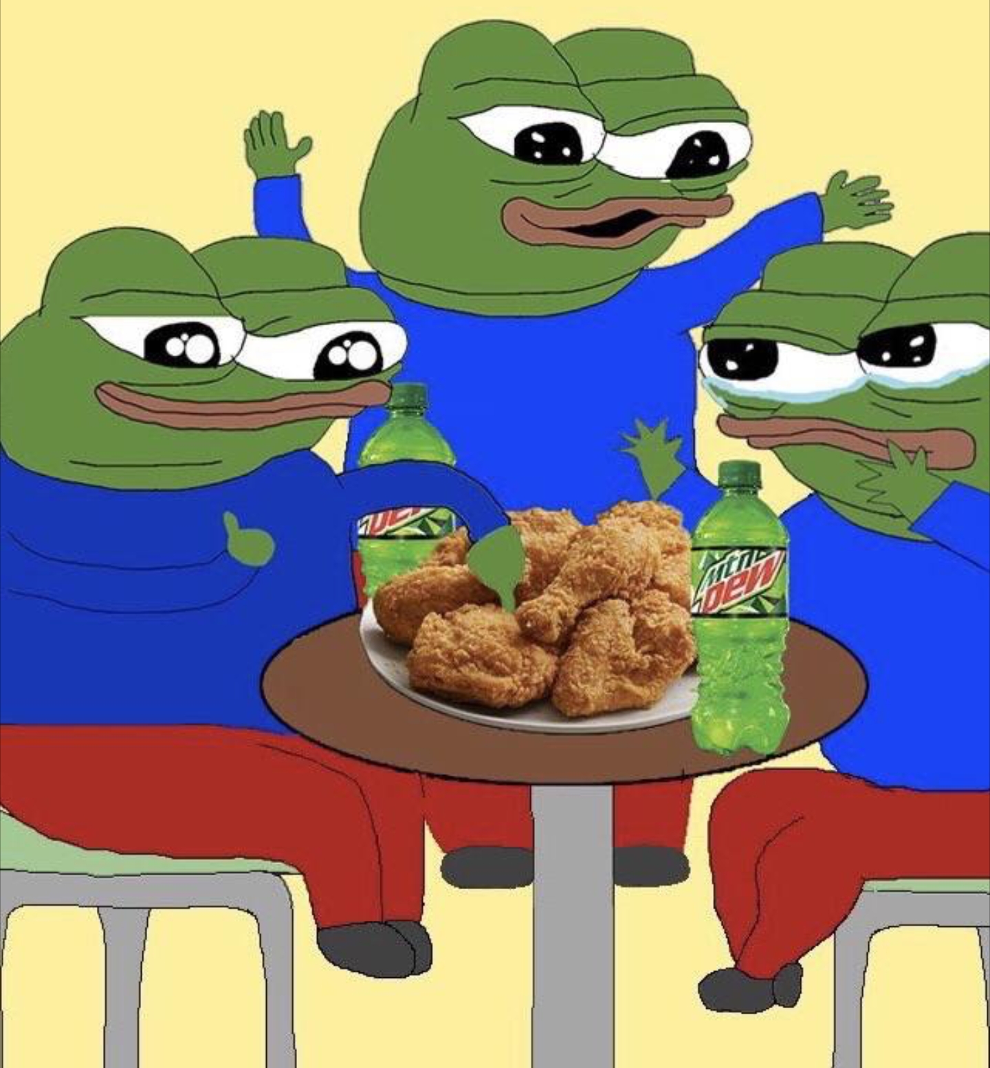 Pepe happy drinking mountain dew eating chicken — Pepe meme