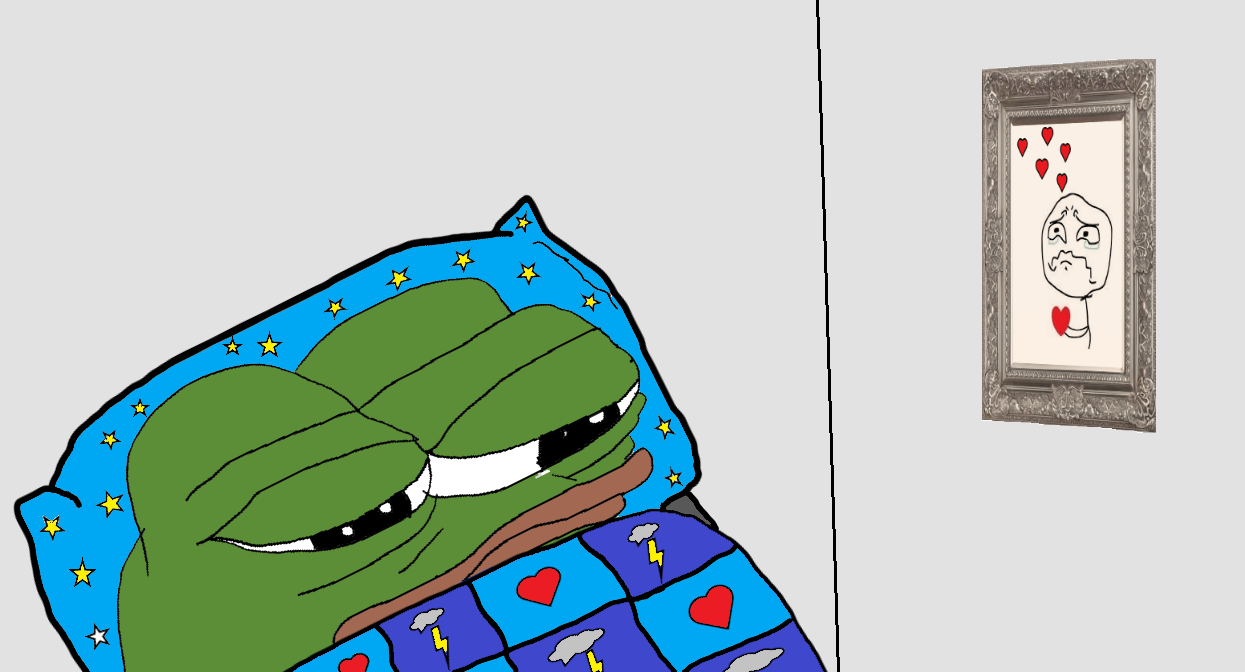 Pepe in bed sad on valentines day — Pepe meme