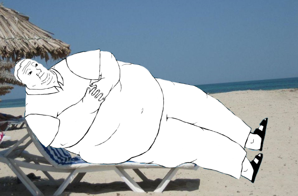 Wojak fat laying on beach — Wojak meme