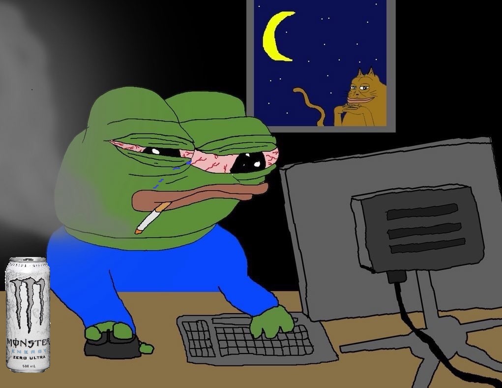 Pepe staying up late on computer drinking monster — Pepe meme