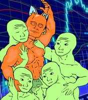 Toshi cat hugged by wojaks — $TOSHI meme