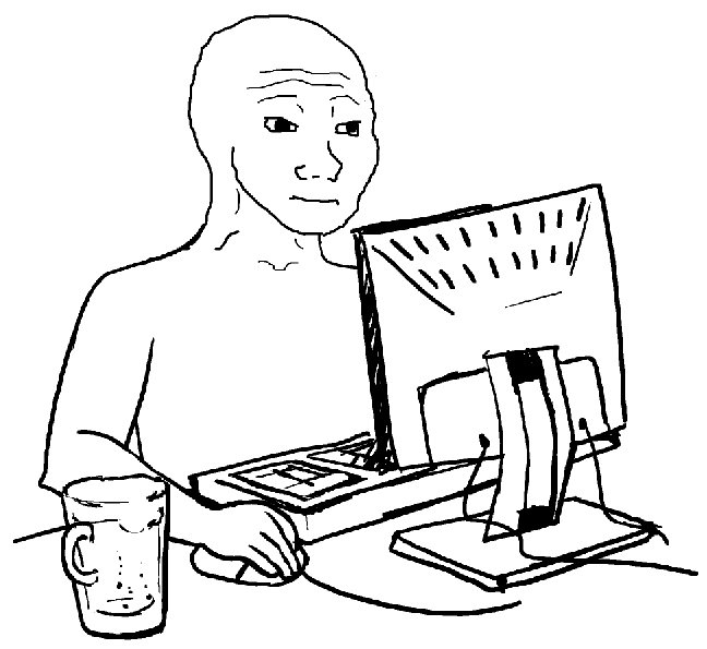 Wojak on computer drinking beer — Wojak meme