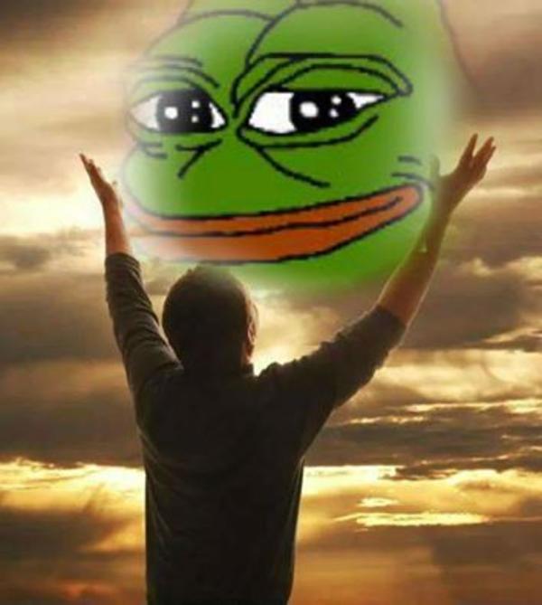 Pepe in sky praised by guy — Pepe meme