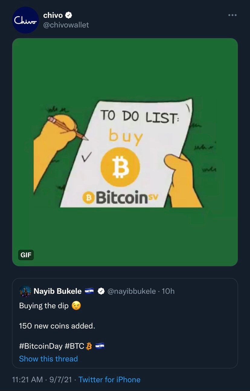 El Salvador Bitcoin Processor Tweets Buy BSV — BSV meme