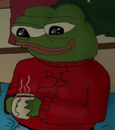 Pepe wearing reindeer sweater drinking hot chocolate comfy — Pepe meme