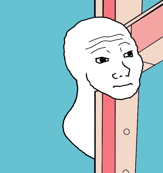 Wojak peeks around steel frame — Wojak meme