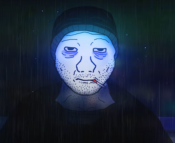 Wojak doomer face illuminated night walk — Wojak meme