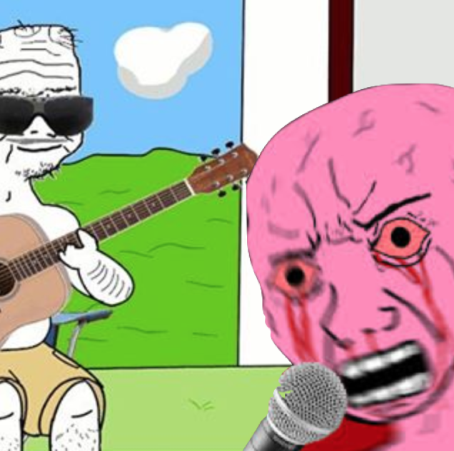 Pink wojak singing boomer playing guitar — Wojak meme