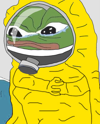 Pepe hazmat crying clasping hands — Pepe meme