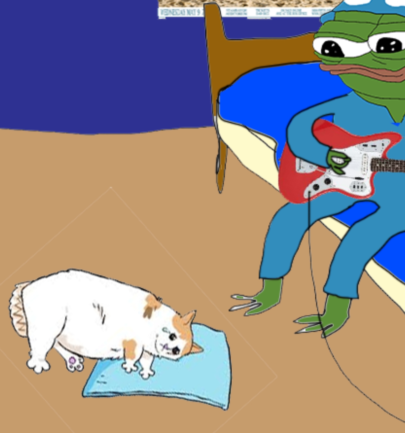 Pepe playing guitar for sad cat — Pepe meme
