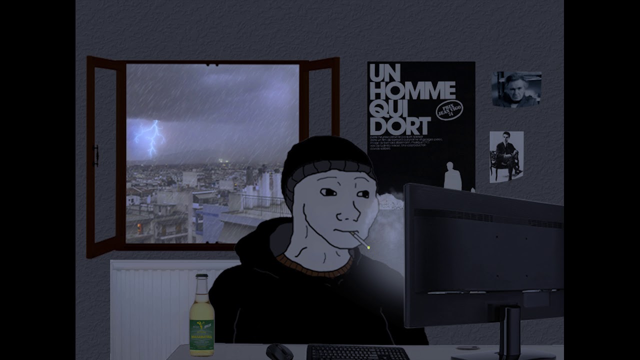 Wojak doomer in room stormy night — Wojak meme