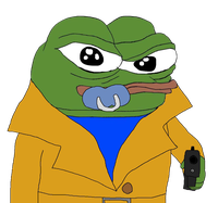 Pepe wearing overcoat sucking binkie carrying glock — Pepe meme