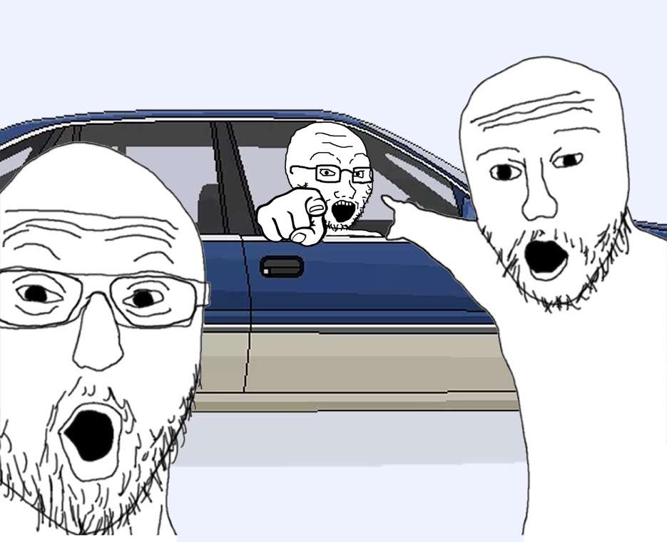Wojak soy boys pointing at car — Wojak meme