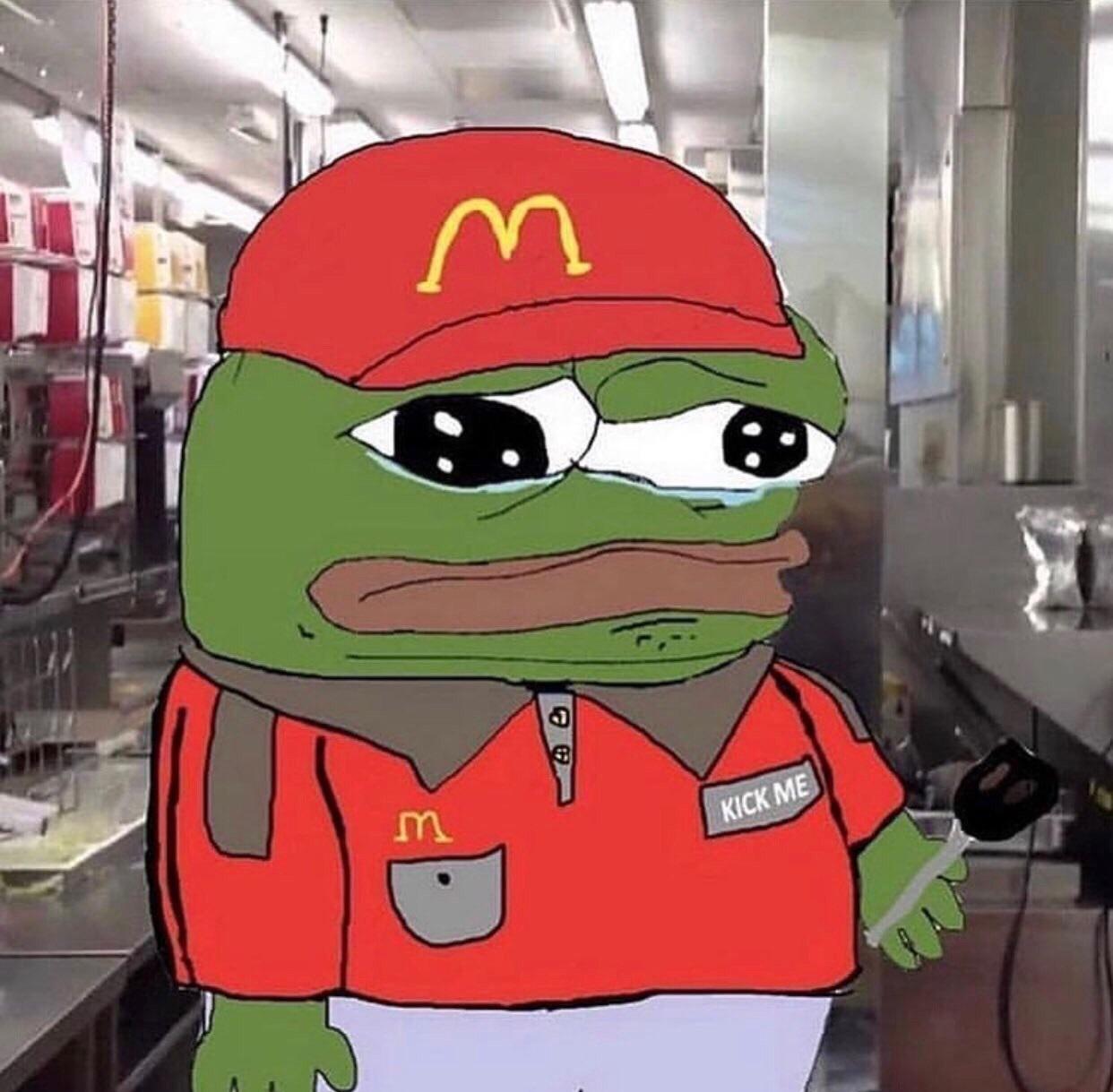 Pepe sad working at mcdonalds flipping burgers — Pepe meme