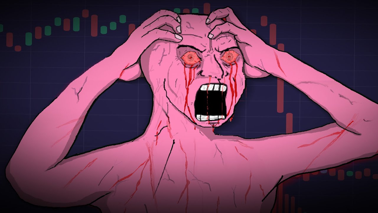 Pink wojak screaming angry with red chart background — Wojak meme