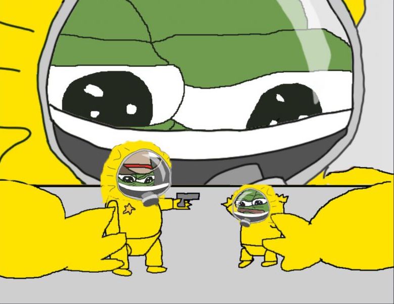 Pepe hazmat suit playing with hazmat suit pepe dolls — Pepe meme
