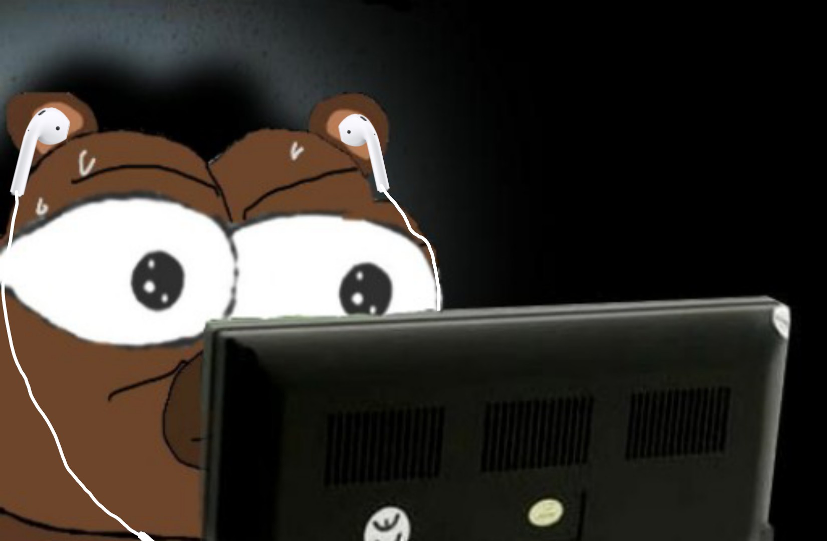 Bobo sweating earbuds on computer — Bobo meme