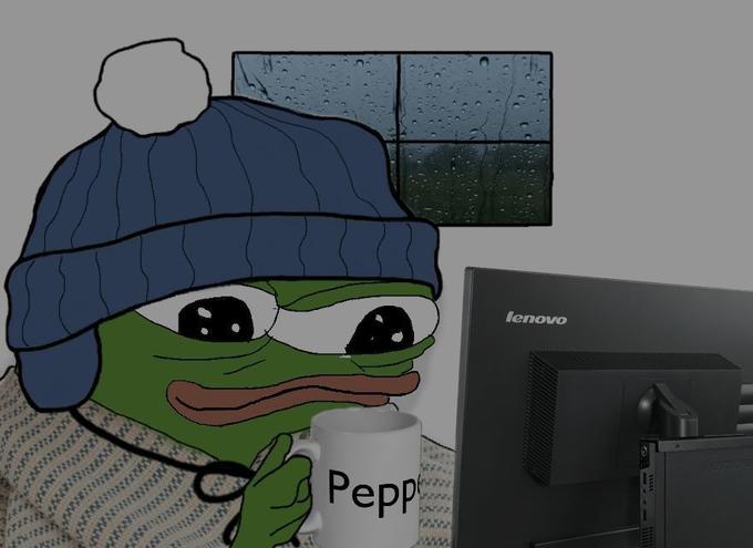Pepe comfy rainy day drinking coffee — Pepe meme