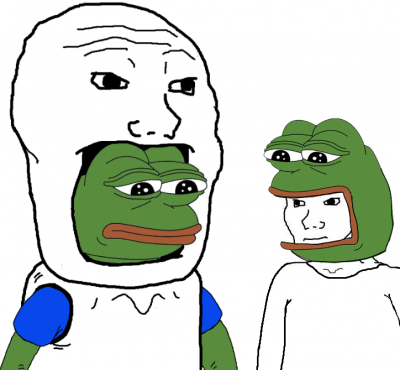 Pepe wearing wojak suit with wojak wearing pepe suit — Pepe meme