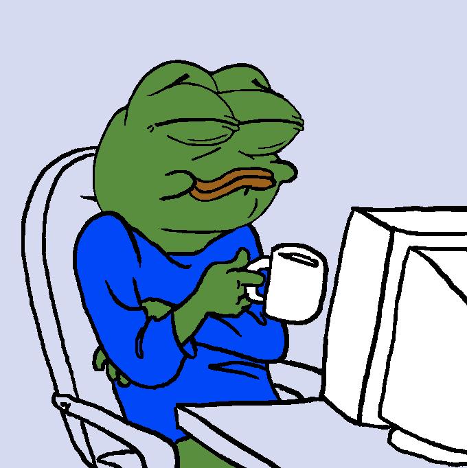 Pepe at computer drinking coffee laughing — Pepe meme