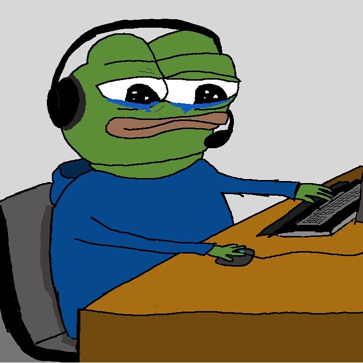 Pepe crying on computer headphones — Pepe meme
