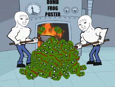 Pepe shoveled into fire by wojaks — Pepe meme