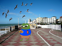 Pepe eating fast food on pier — Pepe meme