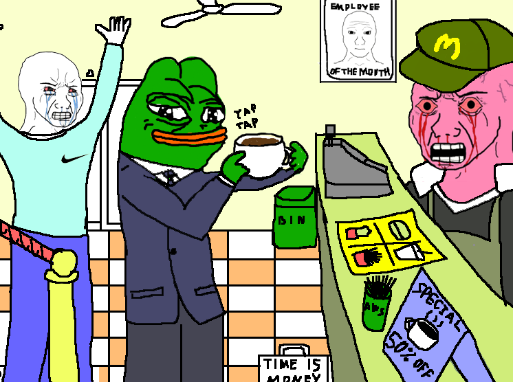 Pepe ordering coffee from wojaks — Pepe meme