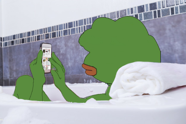 Pepe in tub on smartphone — Pepe meme