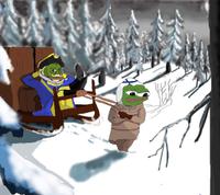 Pepe pulling pepe through snowy forest — Pepe meme
