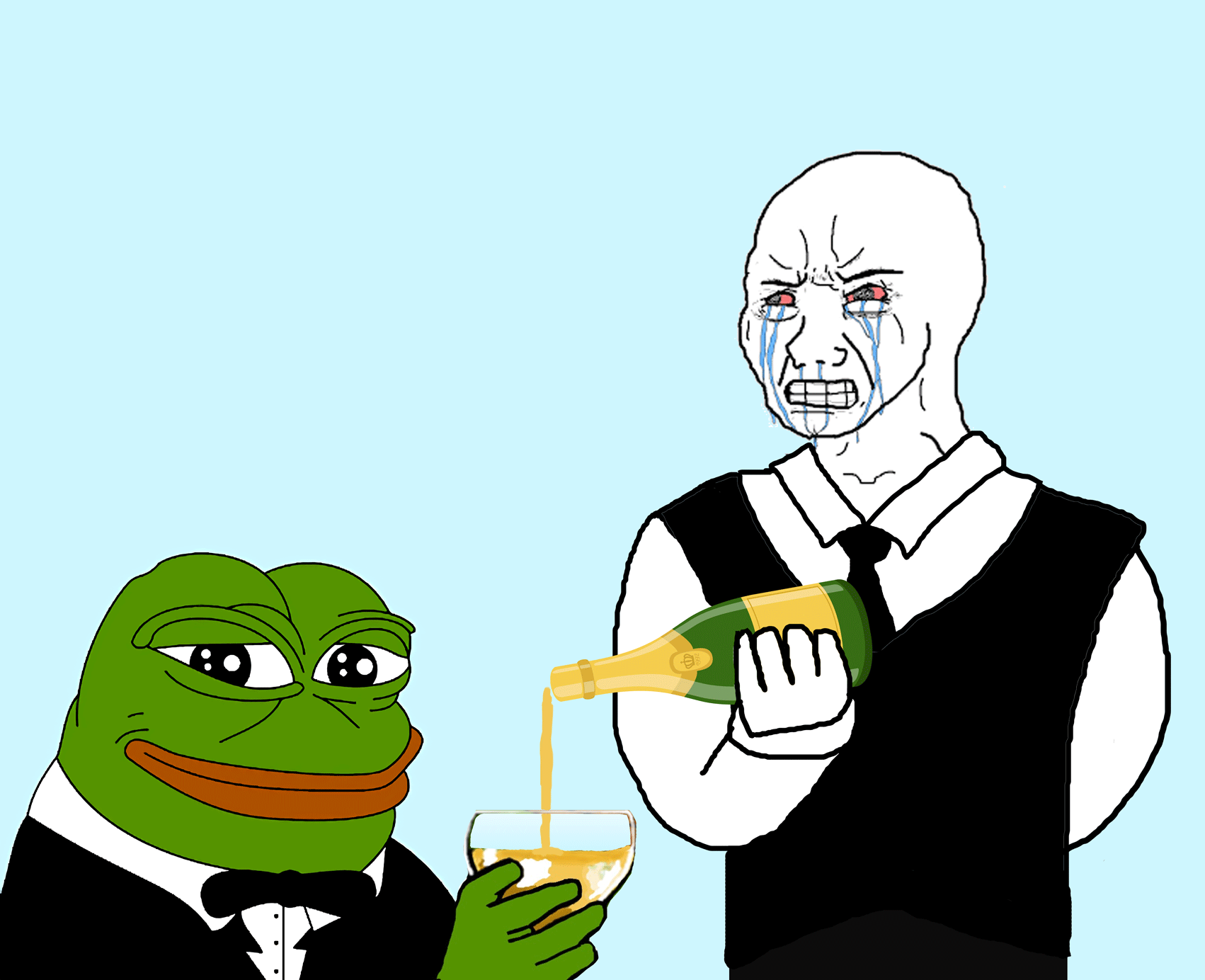 Pepe smirking served champagne by wojak — Pepe meme