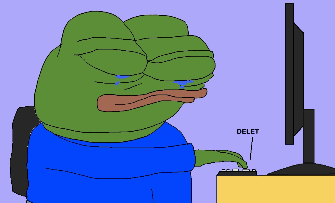 Pepe crying hitting delete — Pepe meme