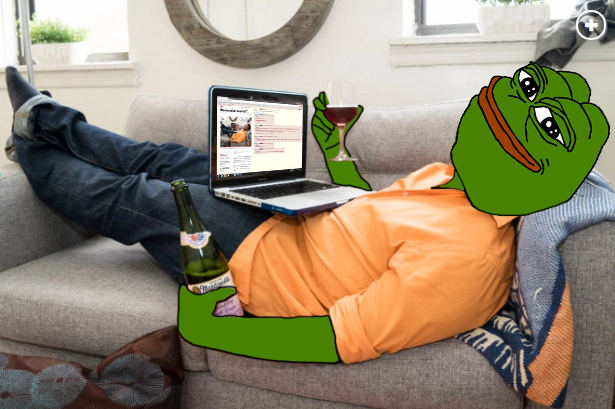 Pepe smug on couch reading 4chan — Pepe meme