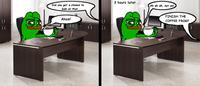 Pepe drinking coffee at desk — Pepe meme