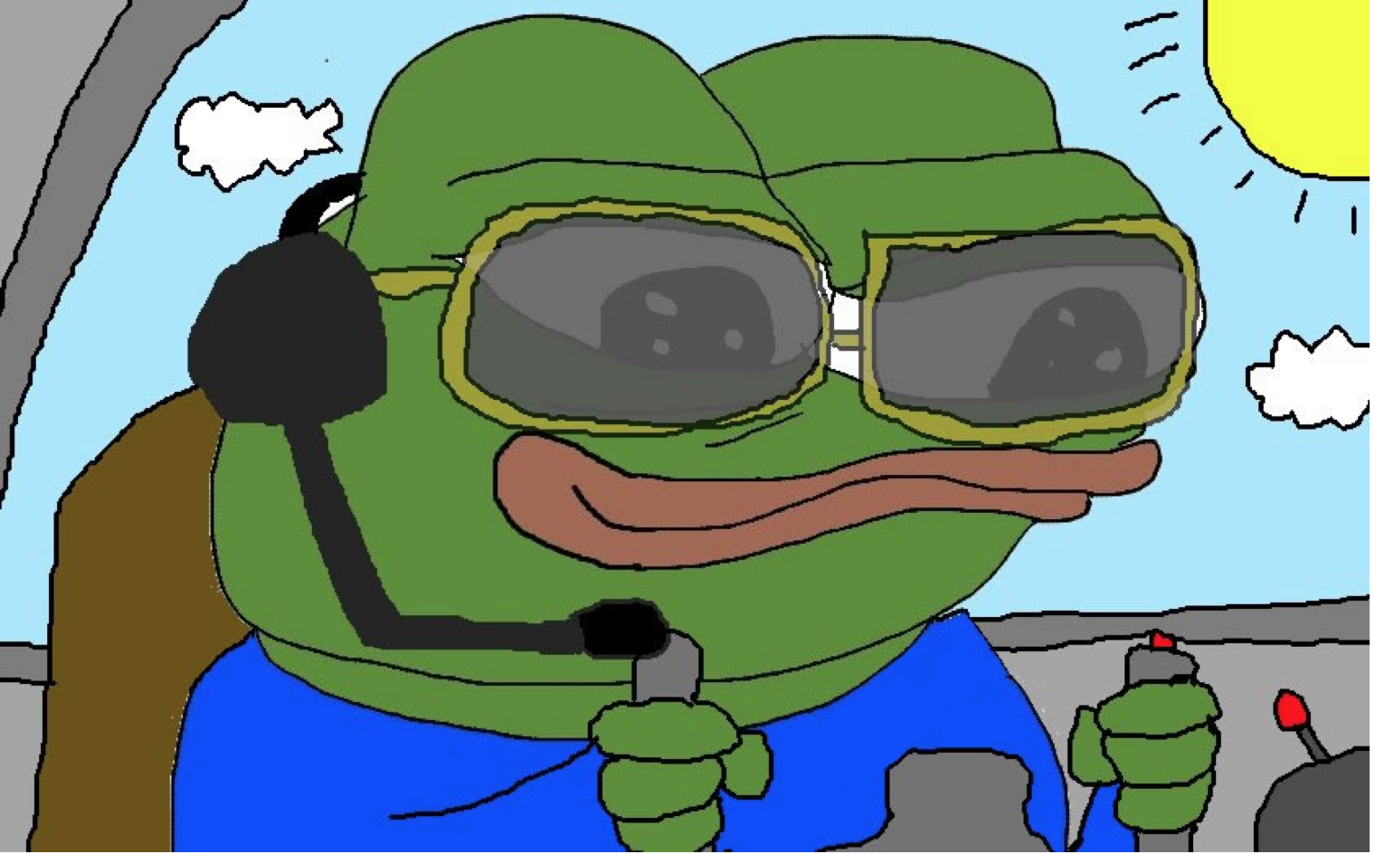 Pepe flying airplane smiling — Pepe meme