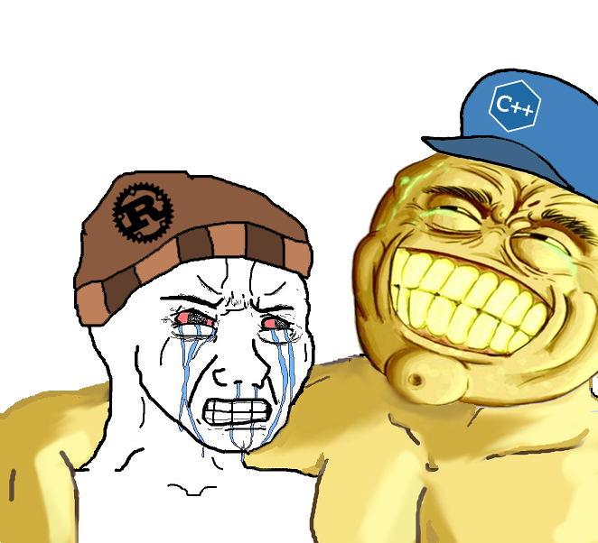 Wojak seething rust user vs c++ laughing guy — Wojak meme