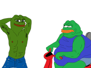 Pepe fit flexes in front of fat pepe — Pepe meme