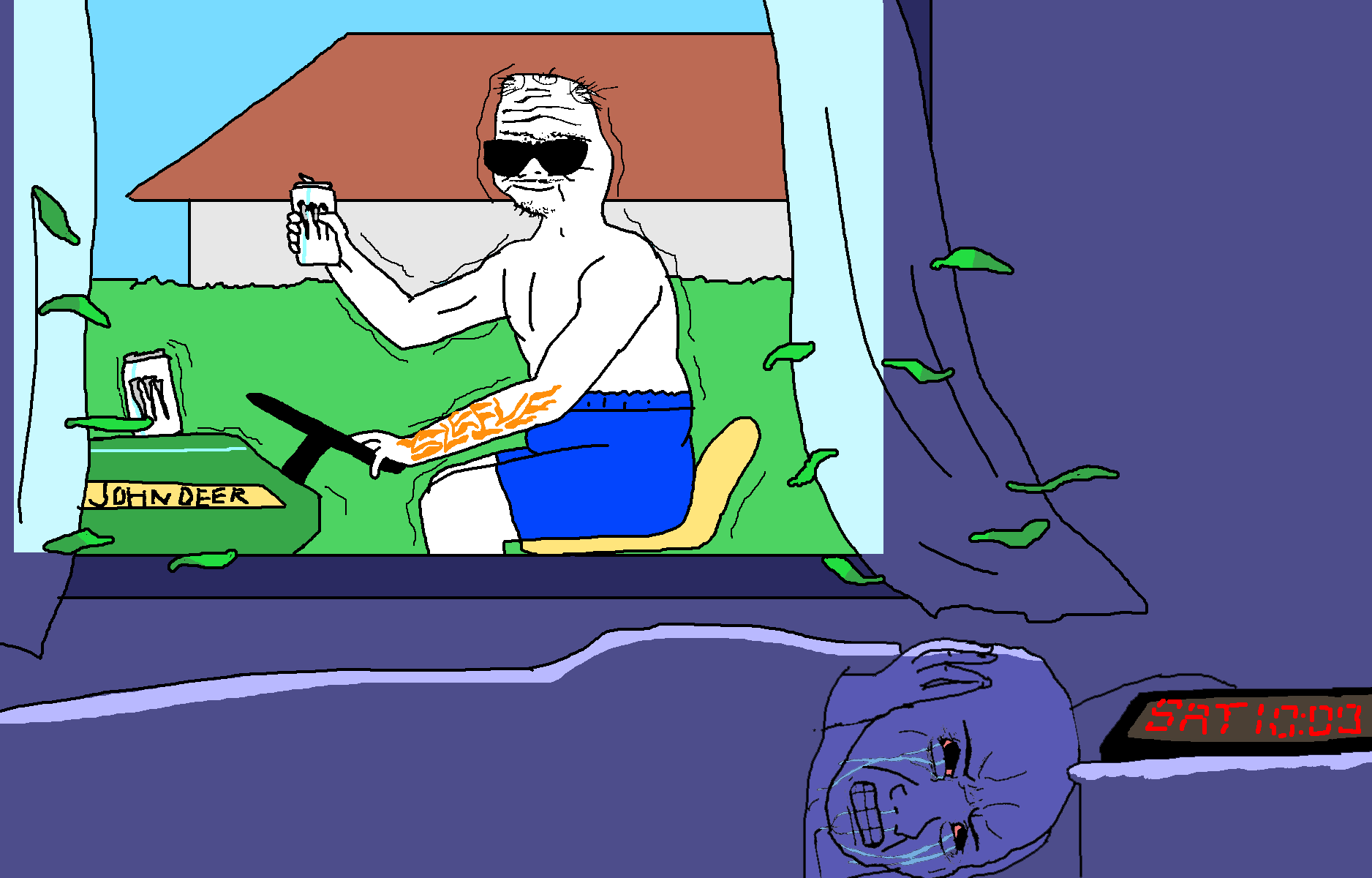 Boomer mowing bothering wojak — Boomer meme